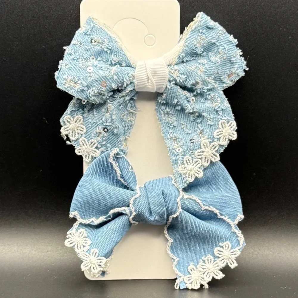Girls Blue Denim Bow Hair Clip Set 2pc Sequin Floral Lace Distressed